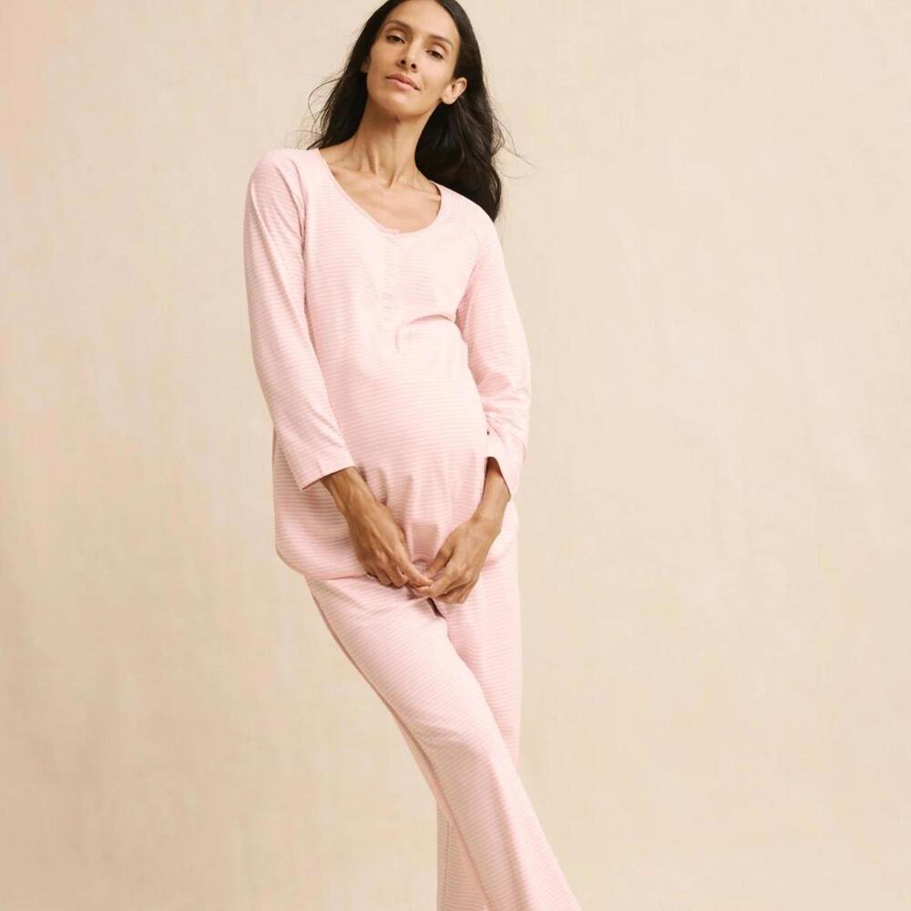 Lake maternity pajamas long-long set in Foxglove Double Stripe pink.  Size L.
